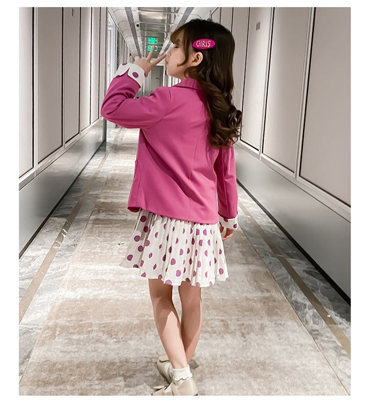 Girls Casual Blazer Solid Color Dot Dress Set Suit