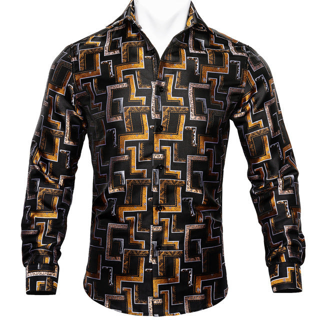 Floral Long Sleeve Silk Shirts Men