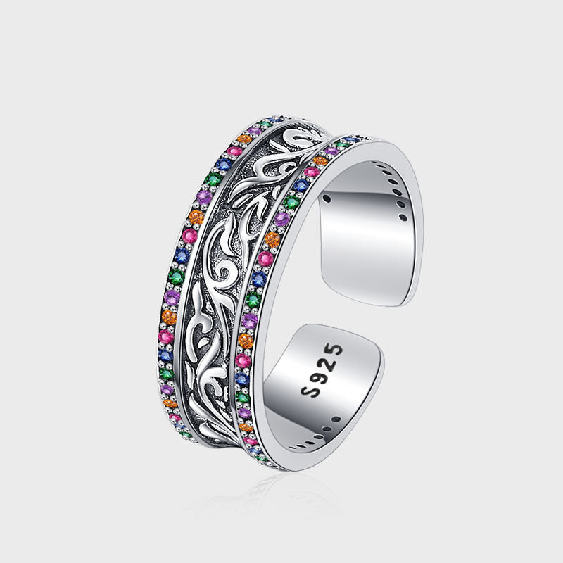 S925 Sterling Silver Retro Tang Grass Rattan Flower Ring