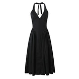 Black Halter Dresses Low Waist Pleated Swing Midi