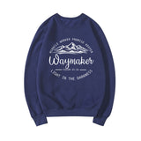 Navy blue sweatshirt with white text and mountain graphic on a white background