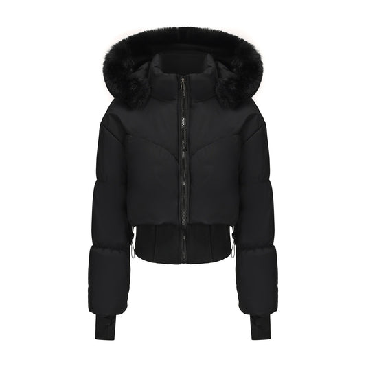 Women's Waist-tight Big Fur Collar Hooded Short Cotton Jacket