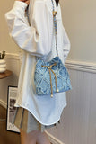 Chain Drawstring Raw Edge Denim Bucket Bag