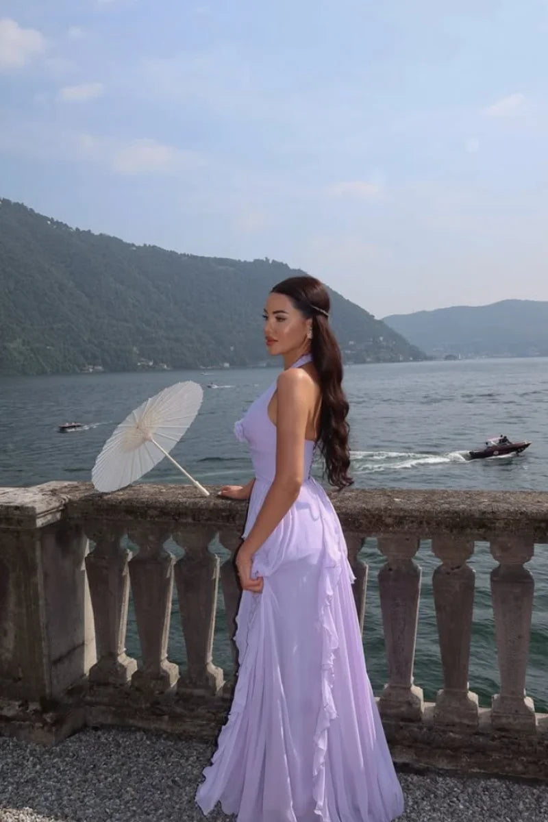 Lavender Halter Neck Prom Dresses Floral Chiffon Ruffles Evening Dresses
