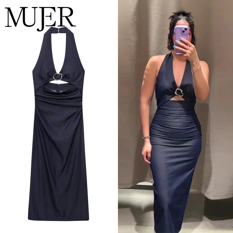 Halter Long Dress Woman Pleated Midi Dress