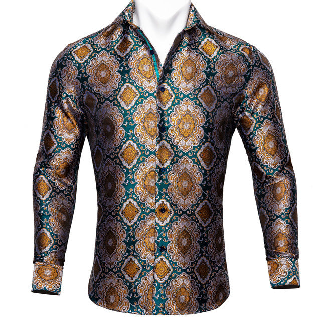 Floral Long Sleeve Silk Shirts Men