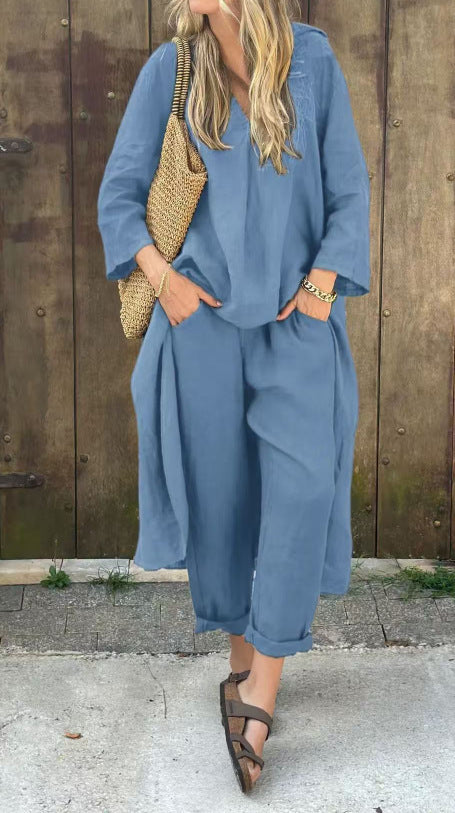 2pcs Long-sleeved Suits Loose V-neck Long Top And High Waist Wide Leg Pants