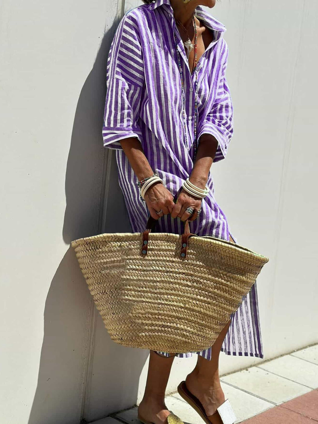 Striped Shirt Dress With Belt Fashion Half-sleeved Lapel Button