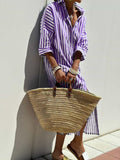 Striped Shirt Dress With Belt Fashion Half-sleeved Lapel Button