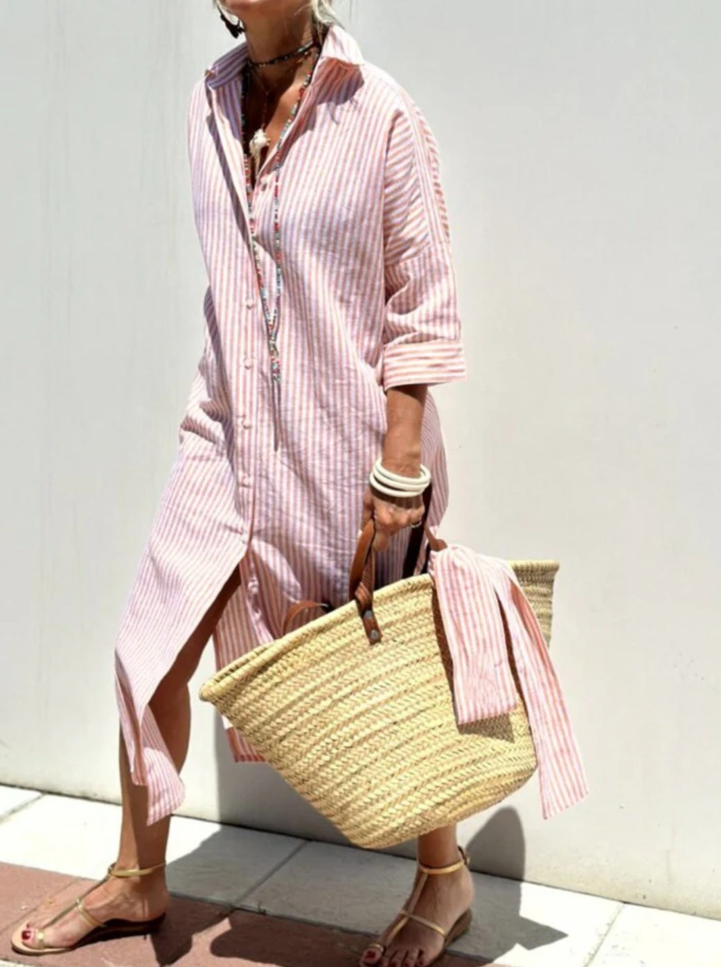 Striped Shirt Dress With Belt Fashion Half-sleeved Lapel Button