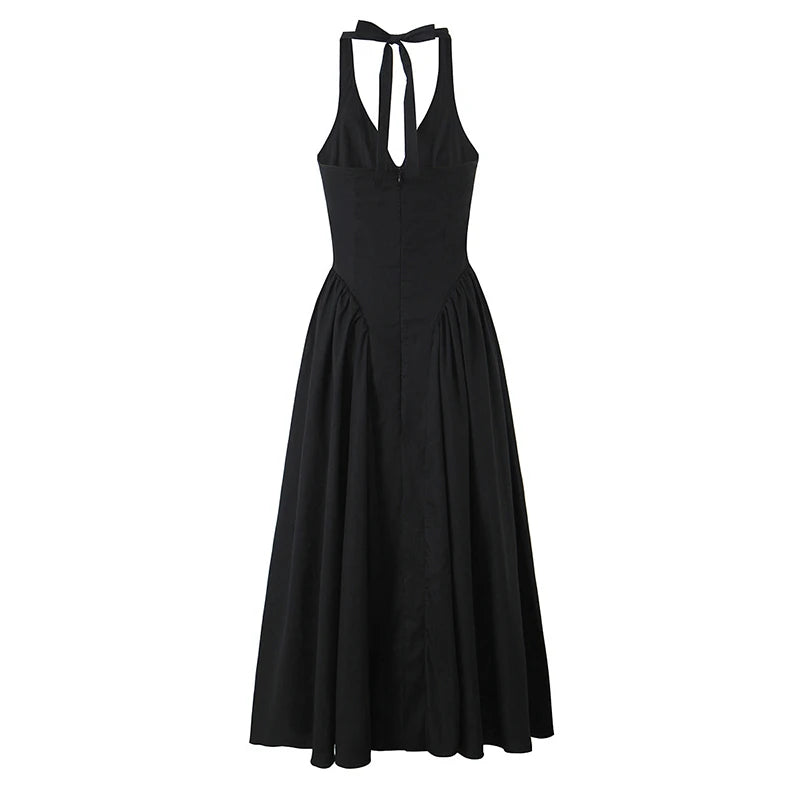 Black Halter Dresses Low Waist Pleated Swing Midi