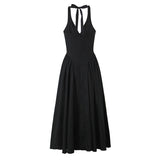 Black Halter Dresses Low Waist Pleated Swing Midi