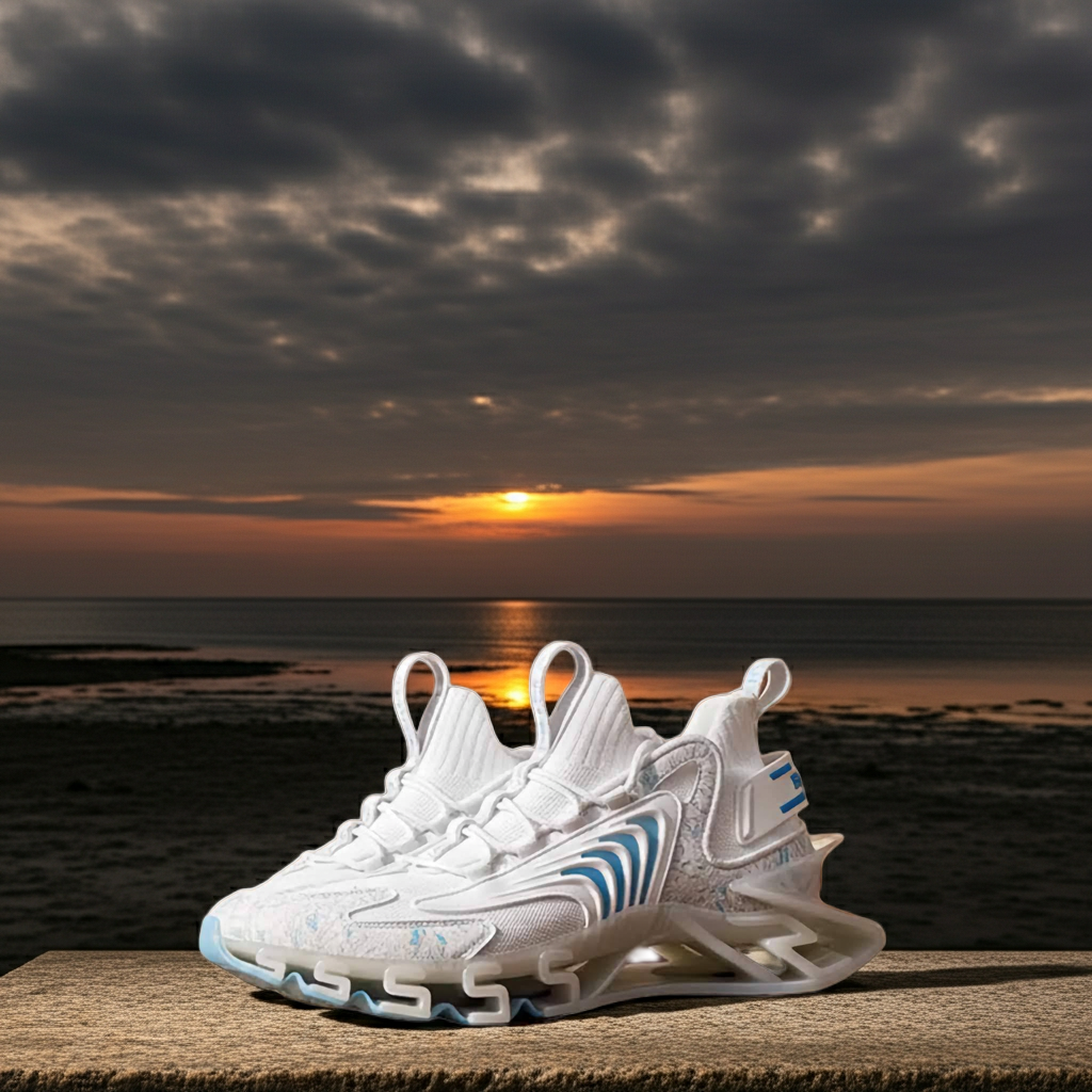 White sneakers with blue accents on a wooden surface with a sunset over water background