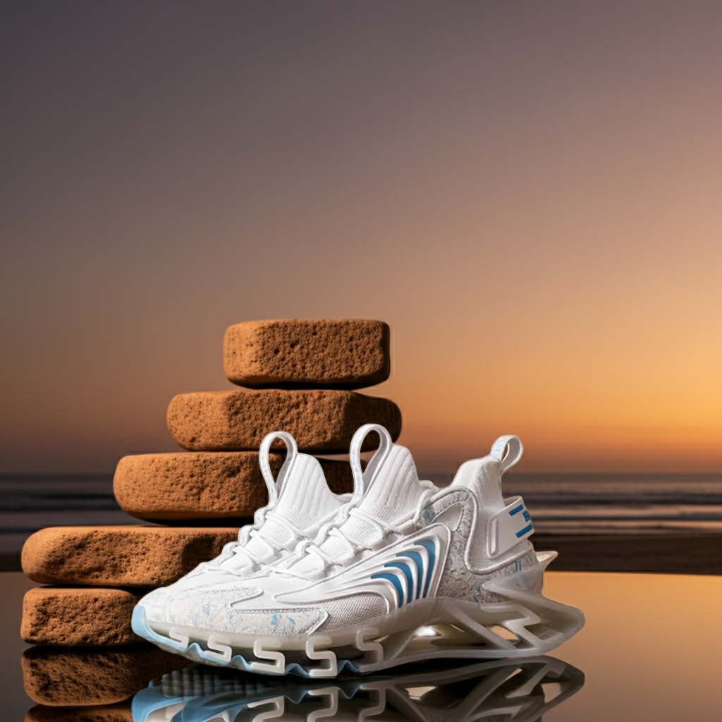 White sneakers with blue accents on a reflective surface with stacked stones and sunset in the background