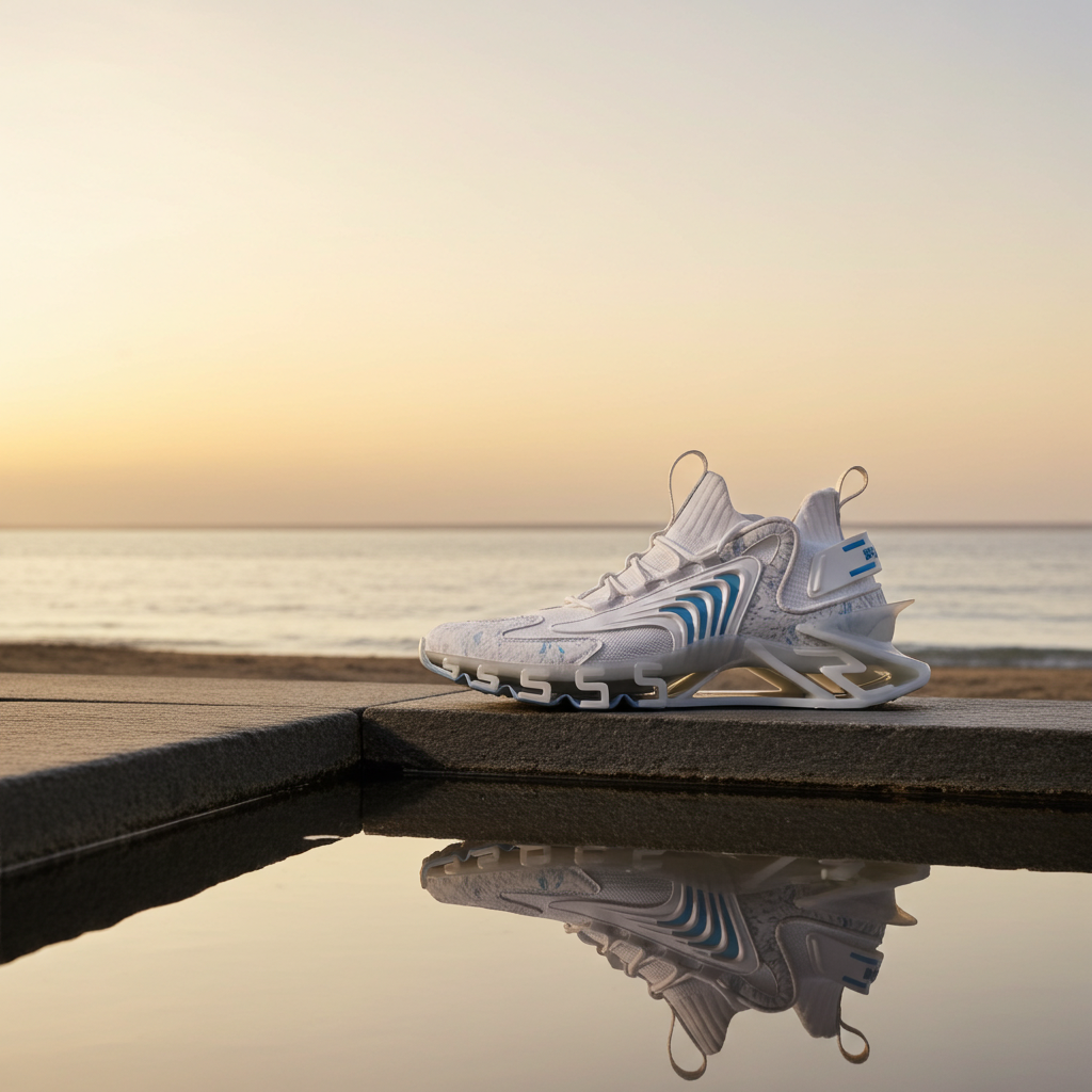 White sneakers with blue accents on a wooden platform over water at sunset.