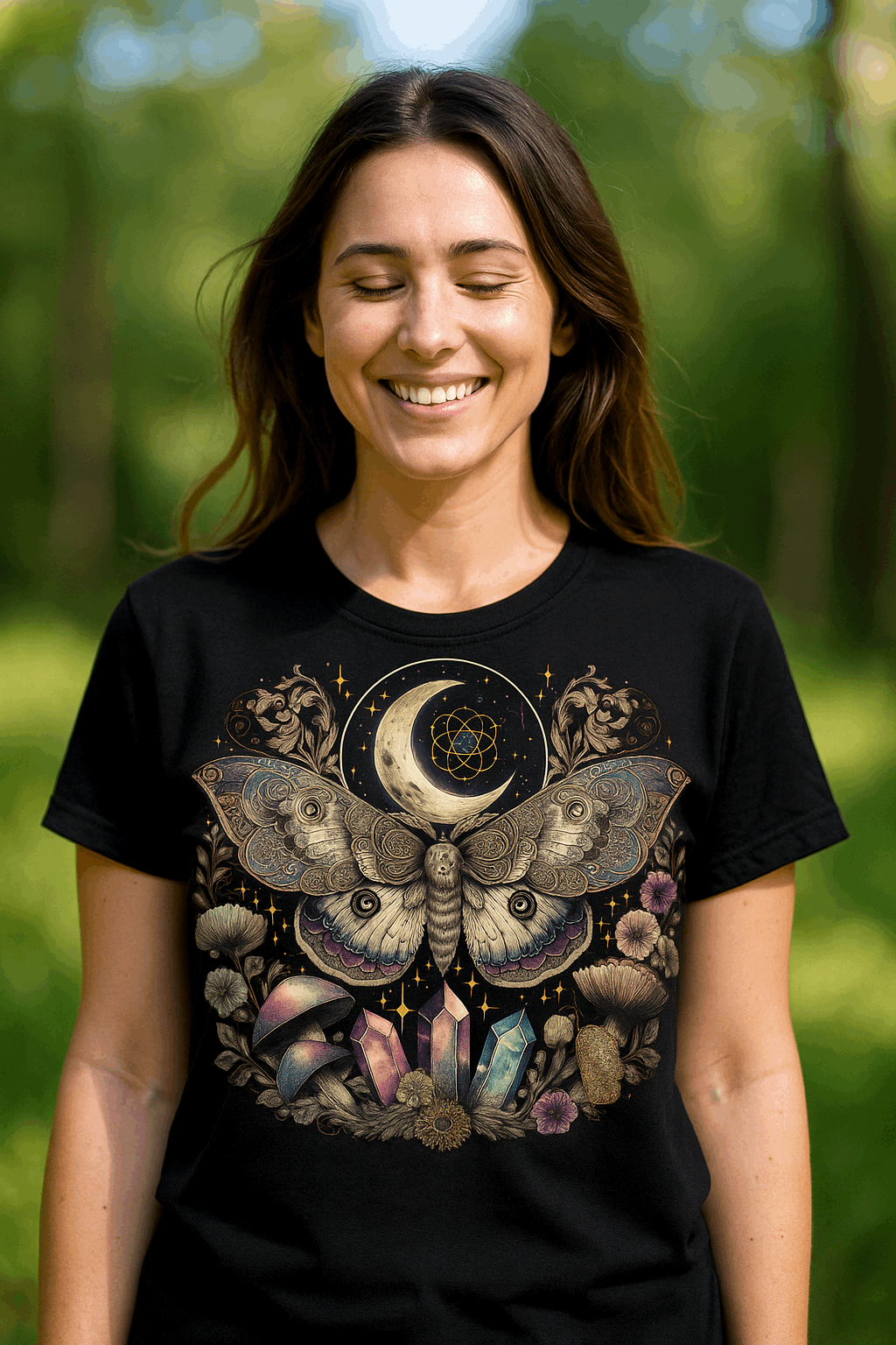 Woman wearing a black t-shirt with a butterfly and moon design outdoors