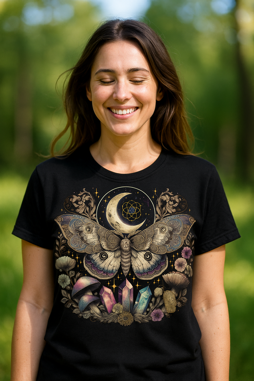 Woman wearing a black t-shirt with a butterfly and moon design outdoors