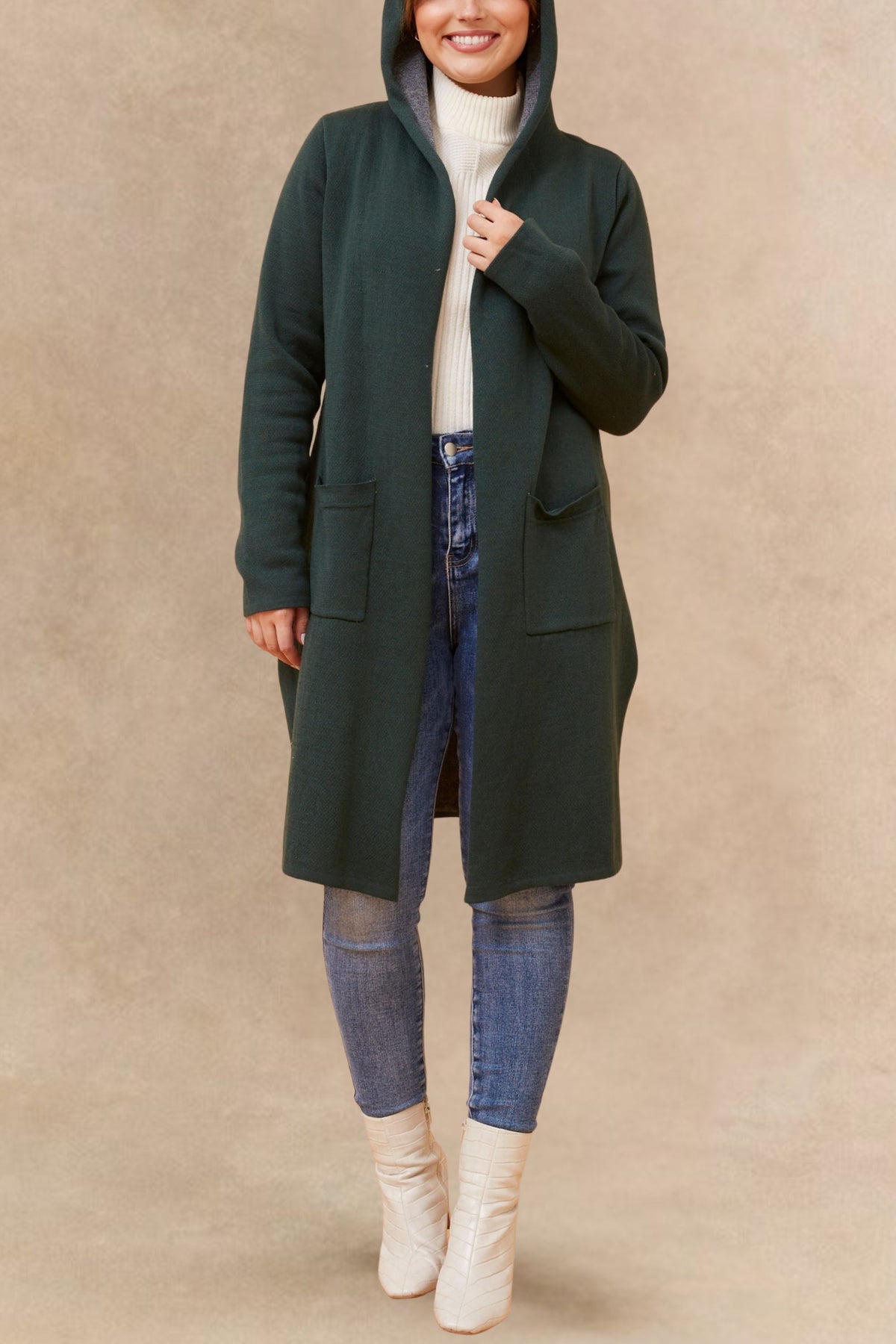 Nora Hooded Open Front Long Cardigan Lightweight Two Tone Casual Trendy