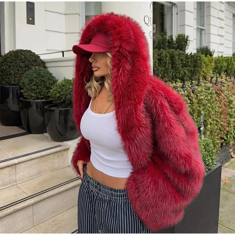 Women's Green Faux Fur Hooded Coat