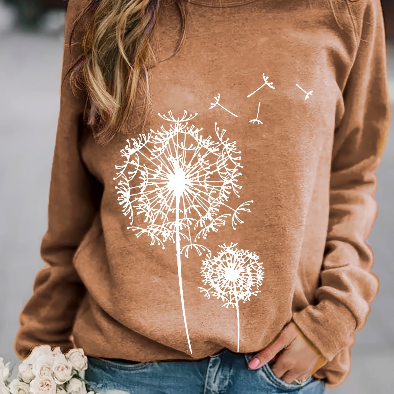 Dandelion Printed Long Sleeve Crew Neck Pullover Sweatshirt - Women's Clothing