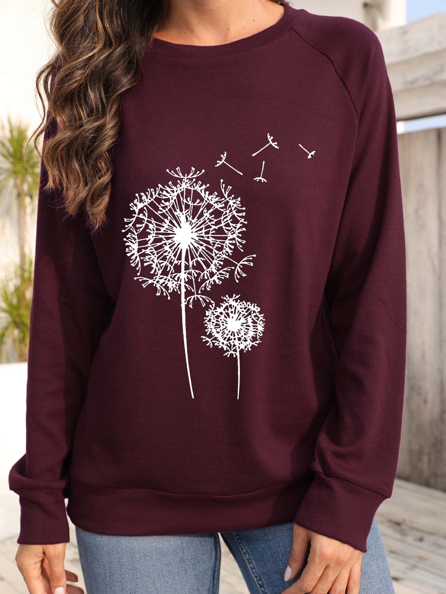 Dandelion Printed Long Sleeve Crew Neck Pullover Sweatshirt - Women's Clothing