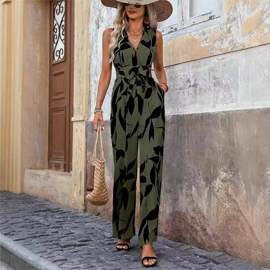 Fashionable High Waist Lace-up Wide Leg Jumpsuit - Women's Clothing