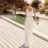 Women's Solid Color Casual V-neck Backless Jumpsuit