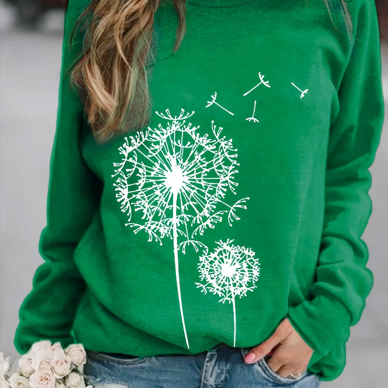Dandelion Printed Long Sleeve Crew Neck Pullover Sweatshirt - Women's Clothing