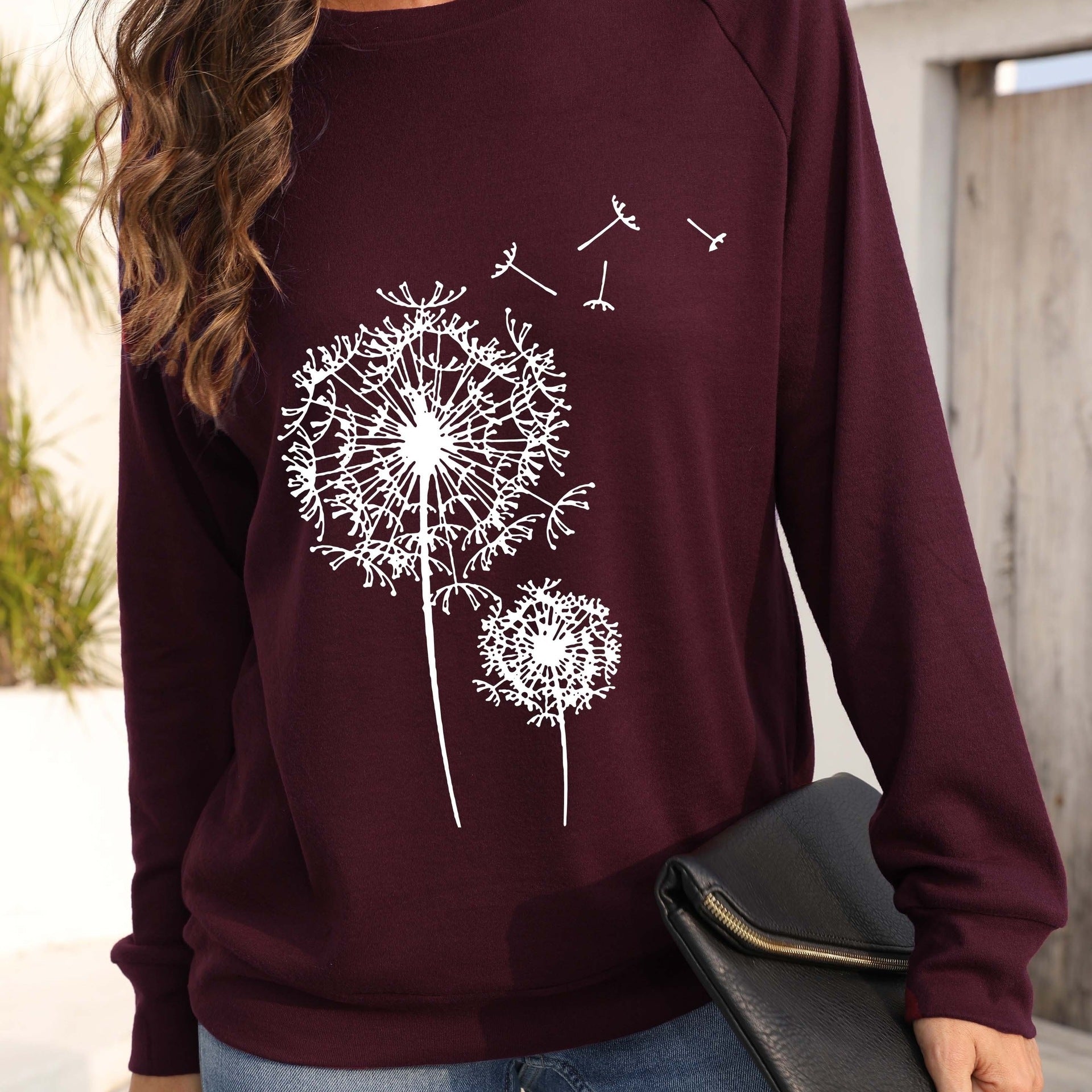 Dandelion Printed Long Sleeve Crew Neck Pullover Sweatshirt - Women's Clothing