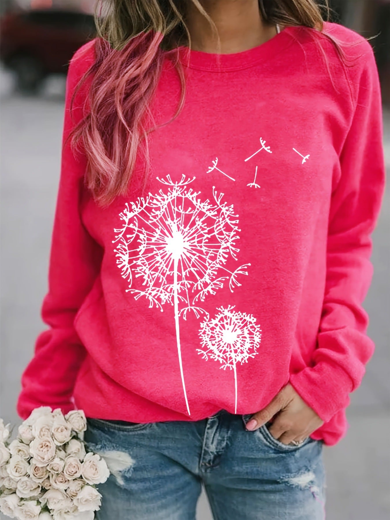 Dandelion Printed Long Sleeve Crew Neck Pullover Sweatshirt - Women's Clothing