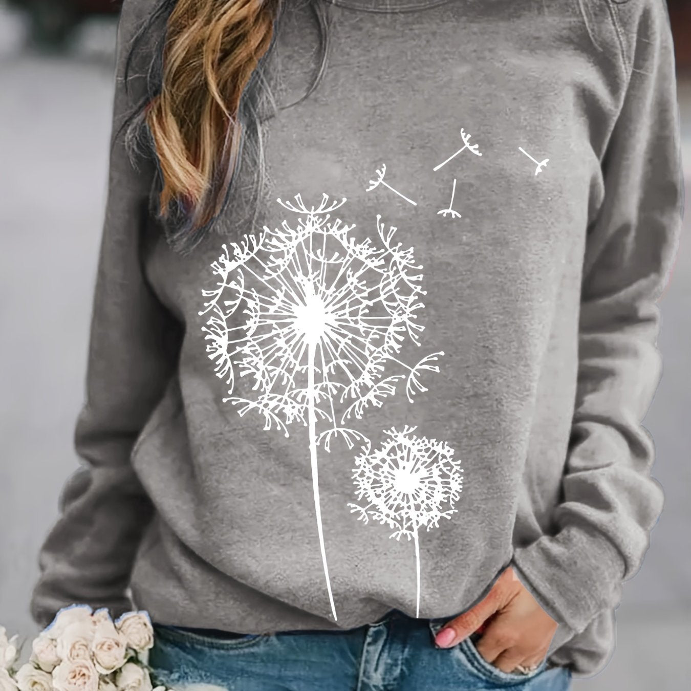 Dandelion Printed Long Sleeve Crew Neck Pullover Sweatshirt - Women's Clothing