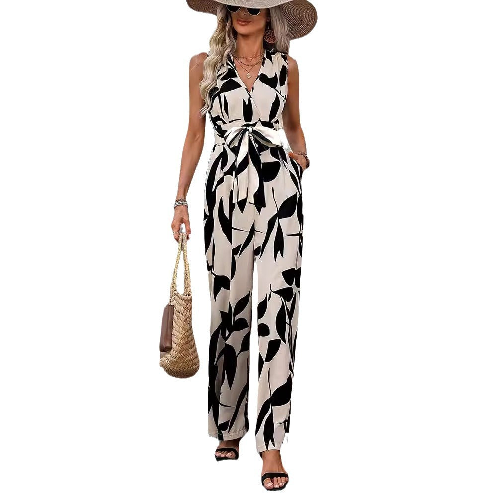 Fashionable High Waist Lace-up Wide Leg Jumpsuit - Women's Clothing