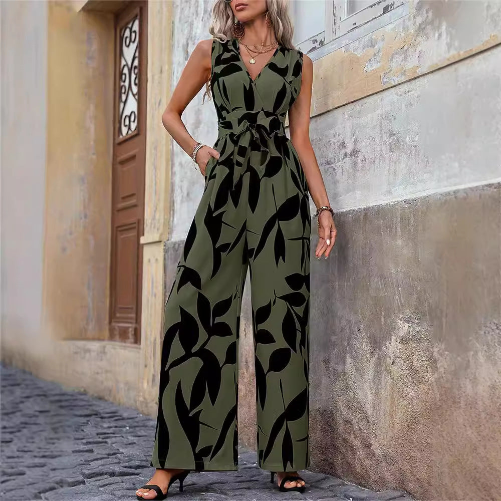 Fashionable High Waist Lace-up Wide Leg Jumpsuit - Women's Clothing