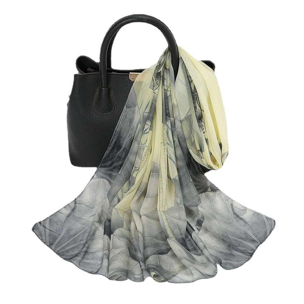 Thin Chiffon Lotus Pond Moonlight Printed Silk Scarf