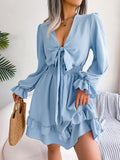 Summer Dresses Solid Color V-neck Long Sleeve Dress For Women