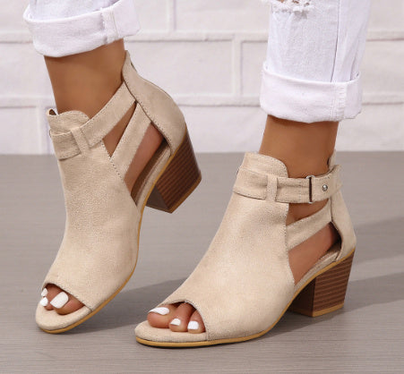Thick-heeled High-heeled Roman Fish Mouth Hollowed Buckle Sandals