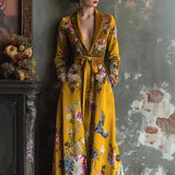 V-neck Long-sleeve Floral Lace-up Maxi Dress