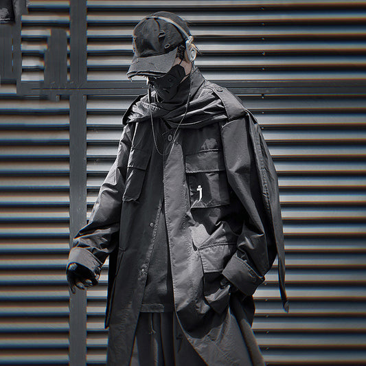 Multi-pocket Scarf Long Trench Coat For Men Loose Casual Jacket