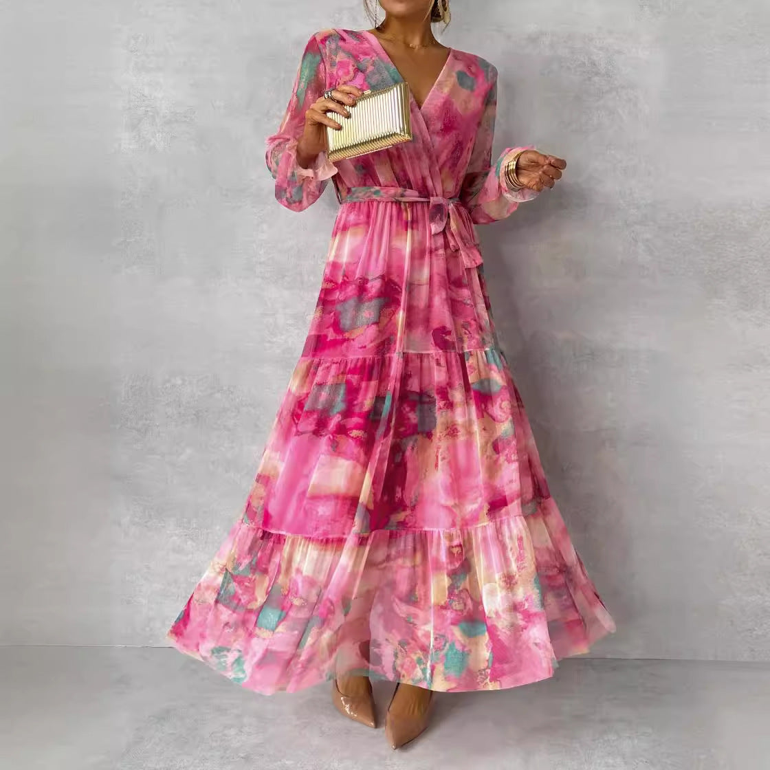Long-sleeved Floral Print Dress Elegant V-neck