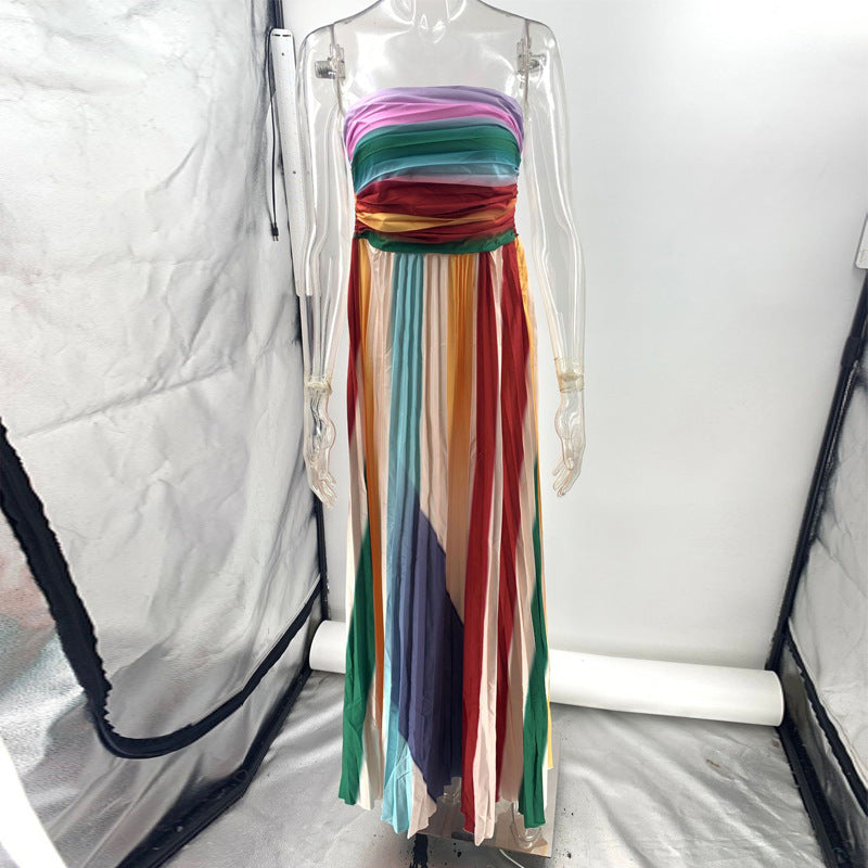Women's Tube Top Backless Printed Color Swing Maxi Dress