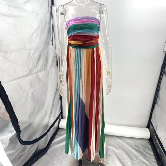 Women's Tube Top Backless Printed Color Swing Maxi Dress
