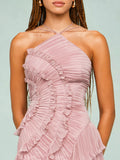 Pleated Halter Neck Long Dress With Lotus Purple Strapless
