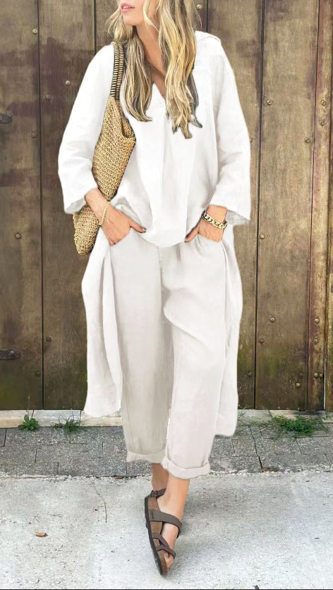 2pcs Long-sleeved Suits Loose V-neck Long Top And High Waist Wide Leg Pants