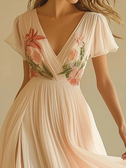 Women's V-neck Short-sleeved Digital Printing Positioning Long Dress