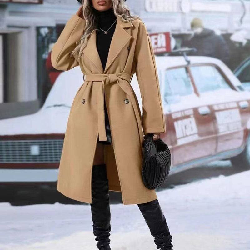 Trench Coat With Belt Winter Fashion Solid Color Long Jacket Outwear Women Clothing