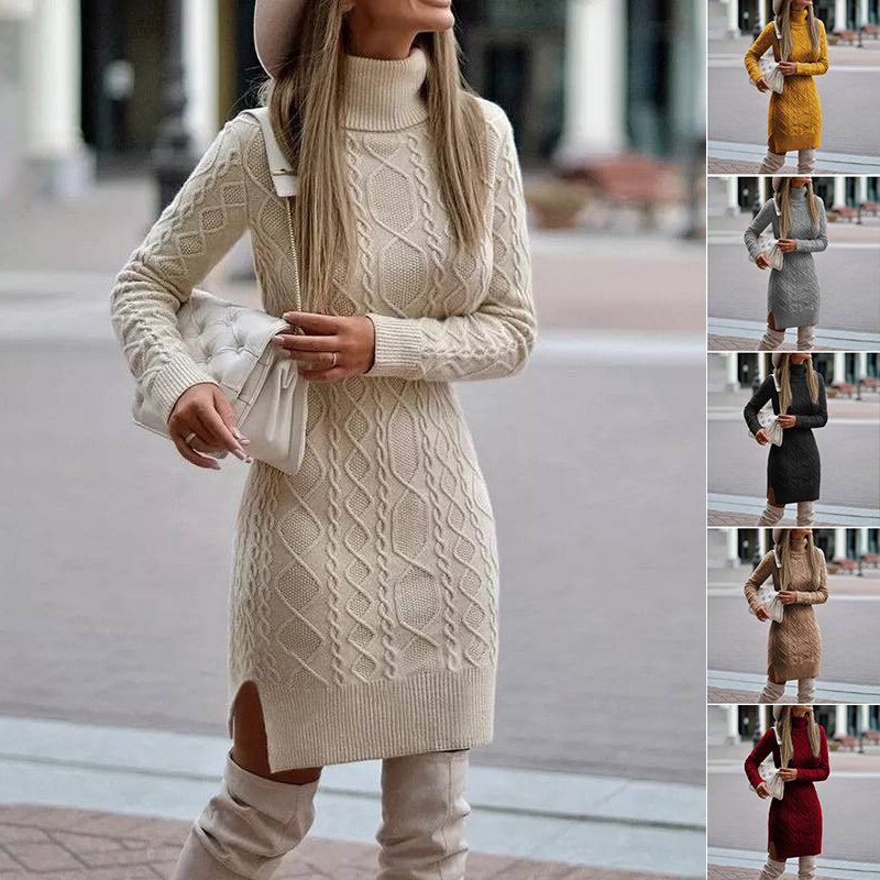Woman wearing a beige cable knit sweater dress with a blurred background