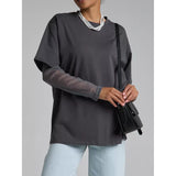 Faux Layered Round Neck Mesh Sleeve Top