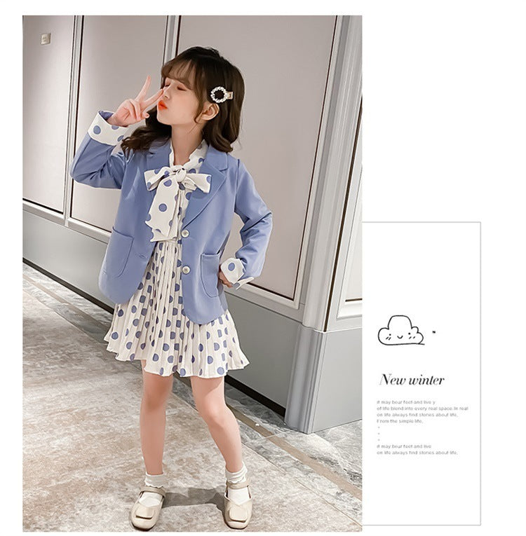 Girls Casual Blazer Solid Color Dot Dress Set Suit