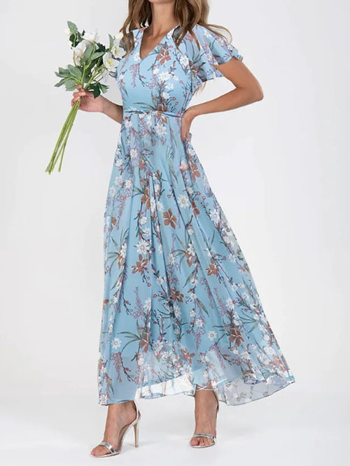 Flowers Print Short Sleeve Dress Summer Fashion