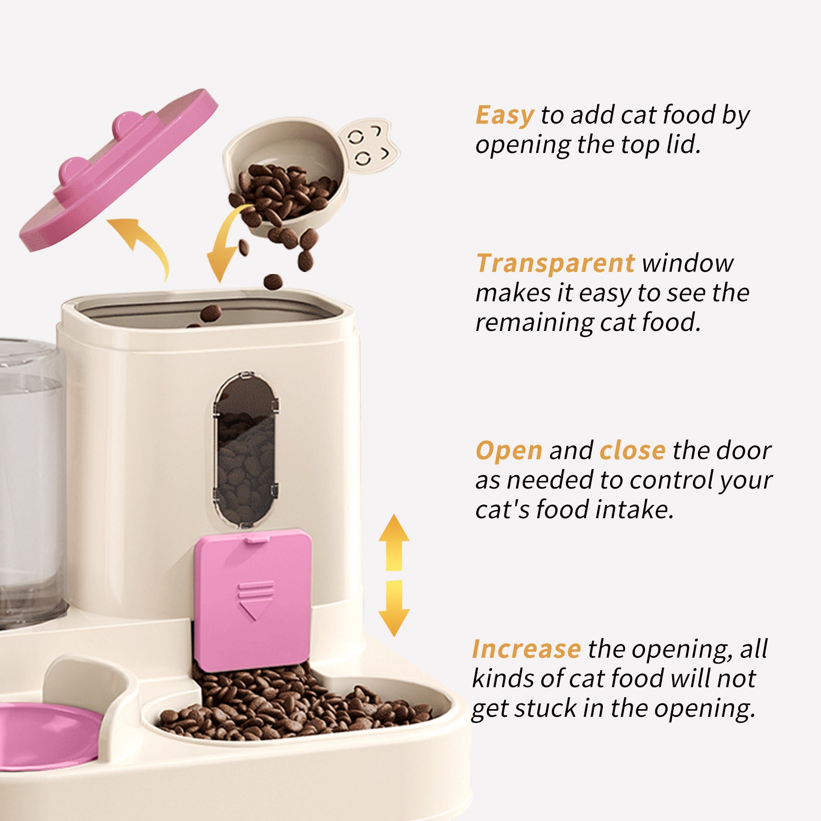 Cat food dispenser with features highlighted on a white background
